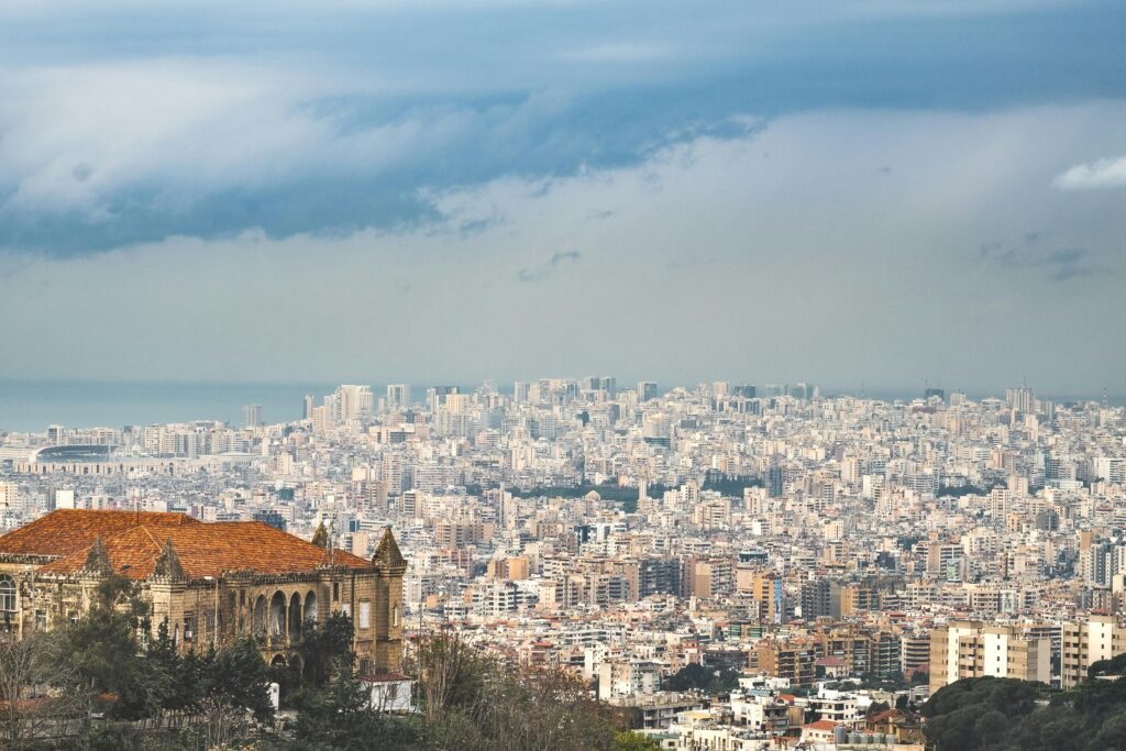 Panoramic view of Beirut's urban skyline with historic architecture and iconic cityscape.